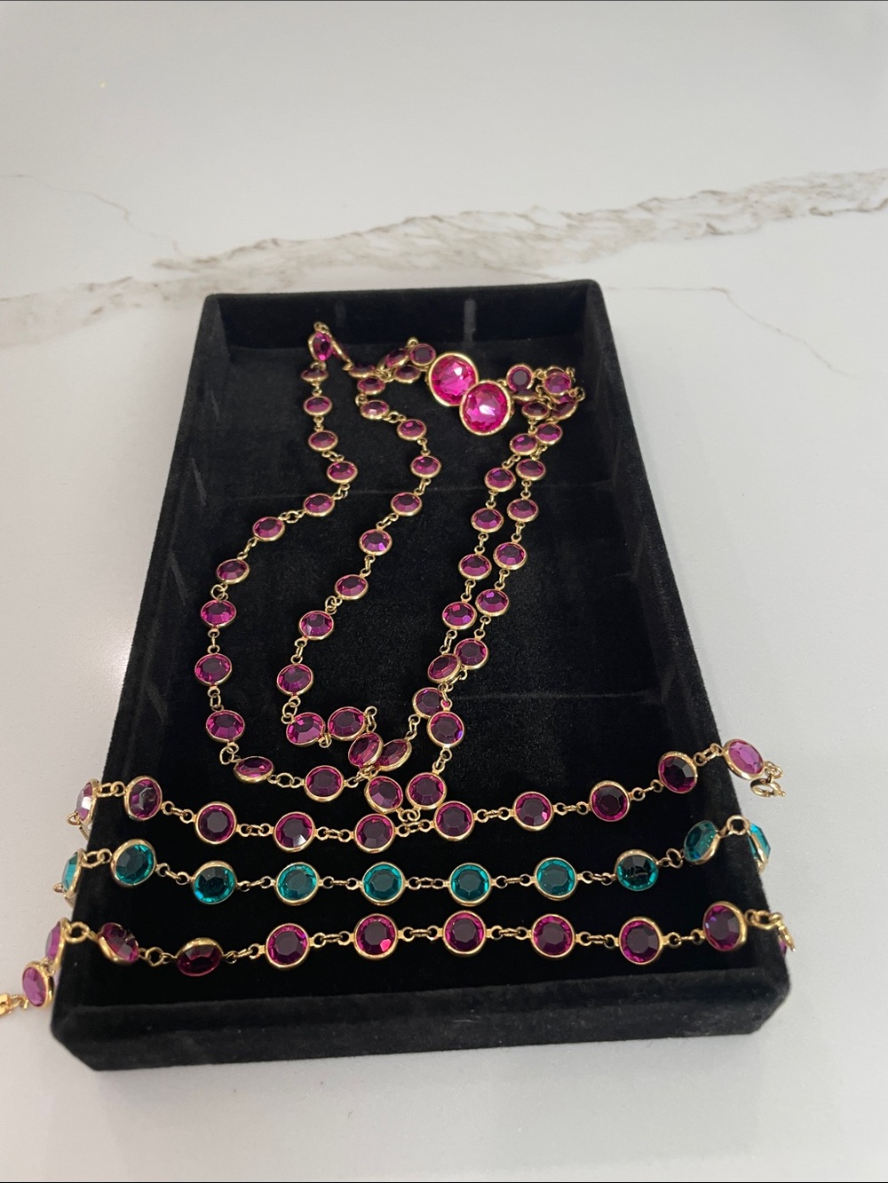Swarovski Pink and Teal Crystal Station Necklace, Earrings and Bracelet Set
